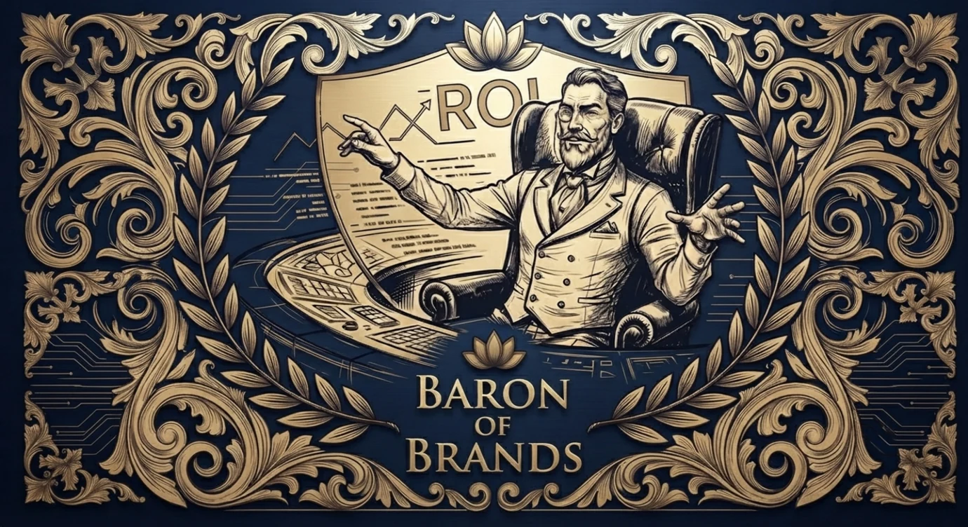 Baron of Brands crest — an illustrated figure gesturing at a rising ROI chart, framed in navy and gold